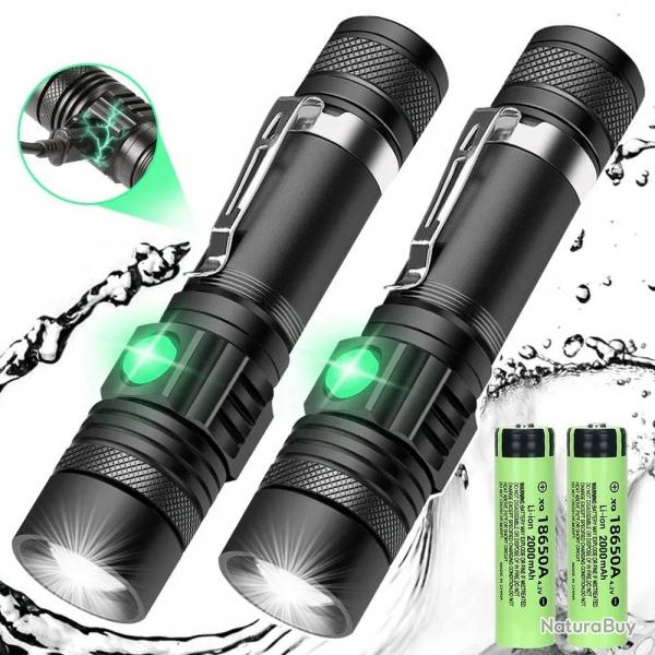 Lot de 2 LAMPES TORCHES LED PUISSANTES ETANCHES Portable, rechargeable par USB