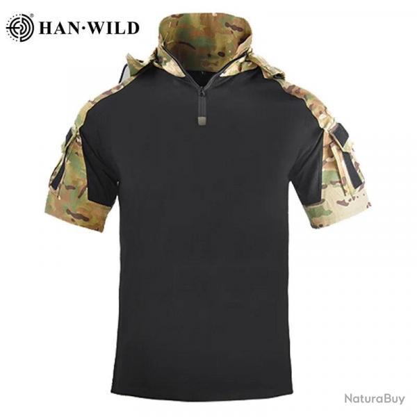 HAN WILD Hiking T-Shirt Tactical Shirt Summer Camouflage Wear Resistant Shirt Camping Hunting Shirt 