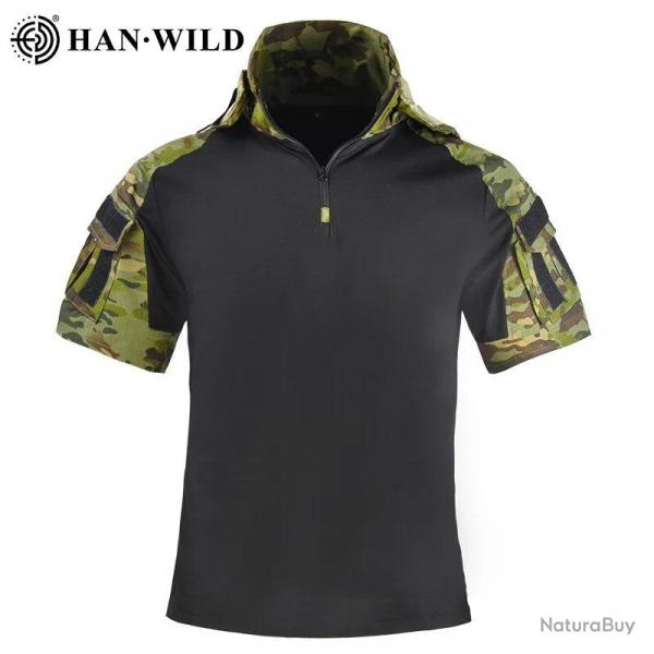 HAN WILD Hiking T-Shirt Tactical Shirt Summer Camouflage Wear Resistant Shirt Camping Hunting Shirt 