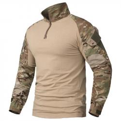 Men's Camouflage Tactical Shirt 1/4 Zip Long Sleeve Combat T Shirt Cotton Camo Uniform Airsoft Shirt