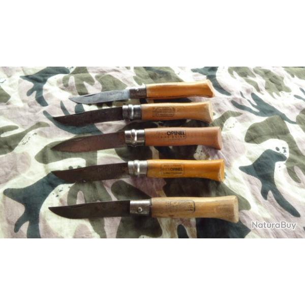 LOT DE 5 OPINEL ANCIENS MAIN COURRONNE 7 ET 8 AVEC ET SANS VIROLE+1 en cadeau
