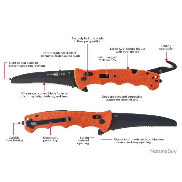 Couteau Al Mar AMK Secours Lame Acier D2 Manche G10 Orange Max-Lock Brise-Vitres Clip AMK1050RAK