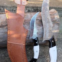 Set de 2 Couteaux De Chasse Twin Lames Acier Damas 256 Couches Manche Résine Etui Cuir F Artisanat