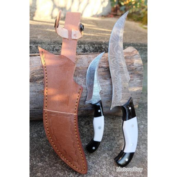 Set de 2 Couteaux De Chasse Twin Lames Acier Damas 256 Couches Manche Rsine Etui Cuir F Artisanat