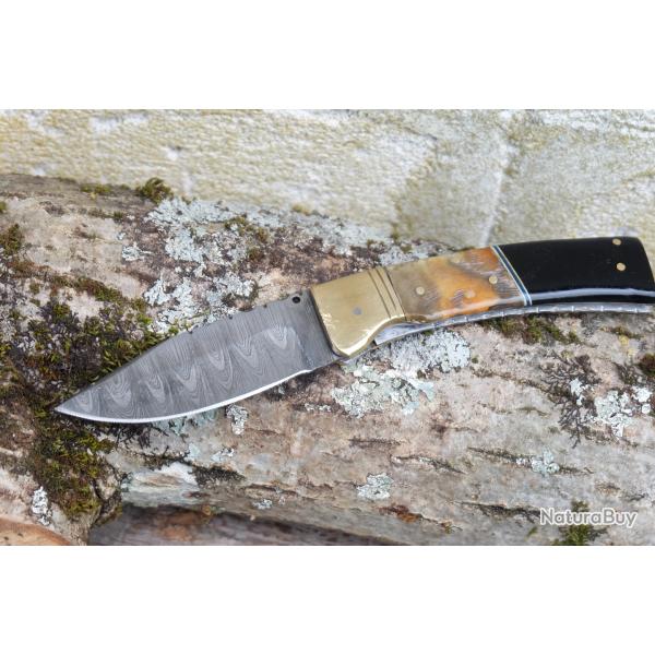 Beau Couteau Damas Lame Drop Point 128 Couches Manche Blier & Rsine Fabric Artisanale Linerlock