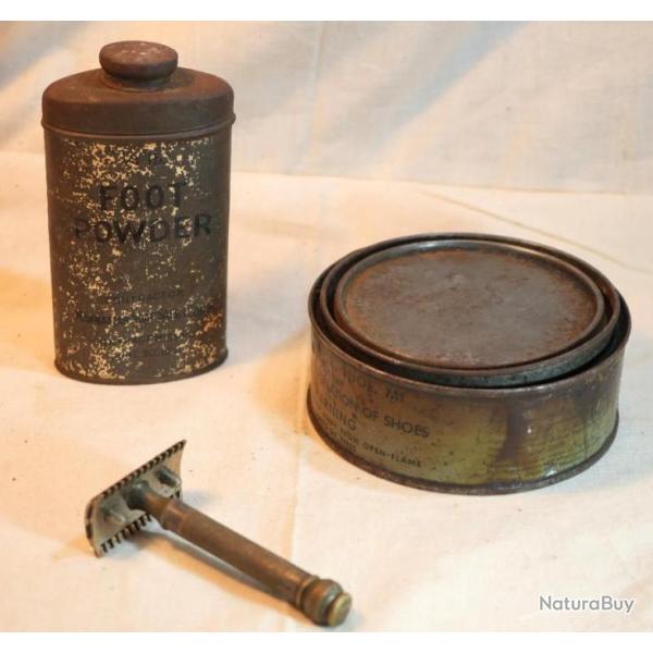 US ARMY - flacon mtal foot powder boite + cirage US impregnite shoes et rasoir NORMANDIE WWII
