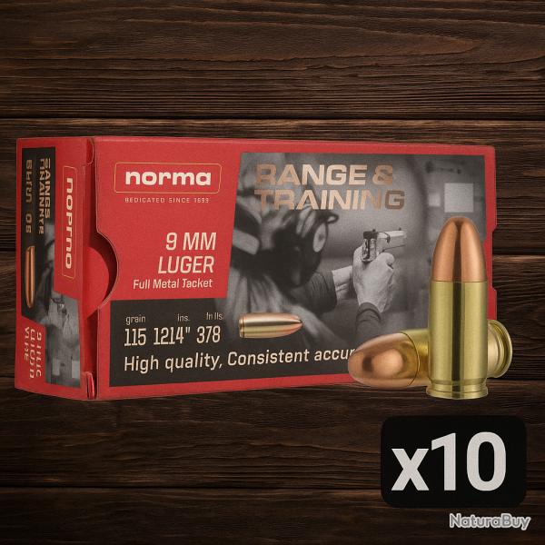 Munitions NORMA 9MM LUGER 7.45g 115gr range & training FMJ - 500 cartouches - PROMOTION