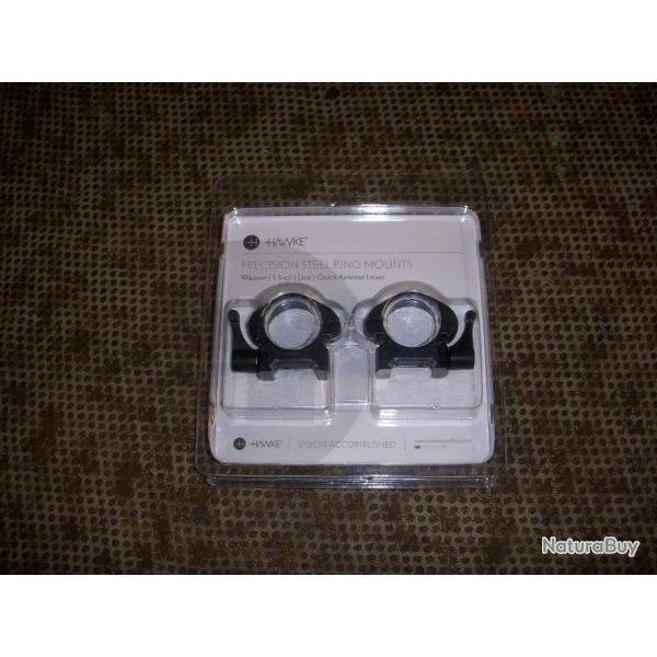 paire de collier amovible a levier HAWKE  PRECISION STEEL RING MOUNT de 25,4 mm hauteur : LOW