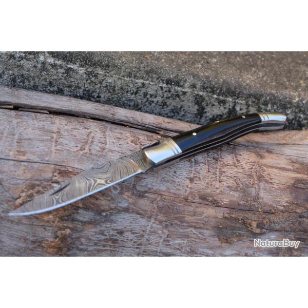 Couteau Damas Lame 128 Couches Faon Laguiole Abeille Manche Corne Fabr Artisanale Cran Forc