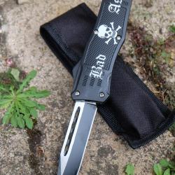 Couteau Automatique OTF Out the Front Bad Ass Skull Lame Acier 440C Manche Abs Black Clip Etui Nylon
