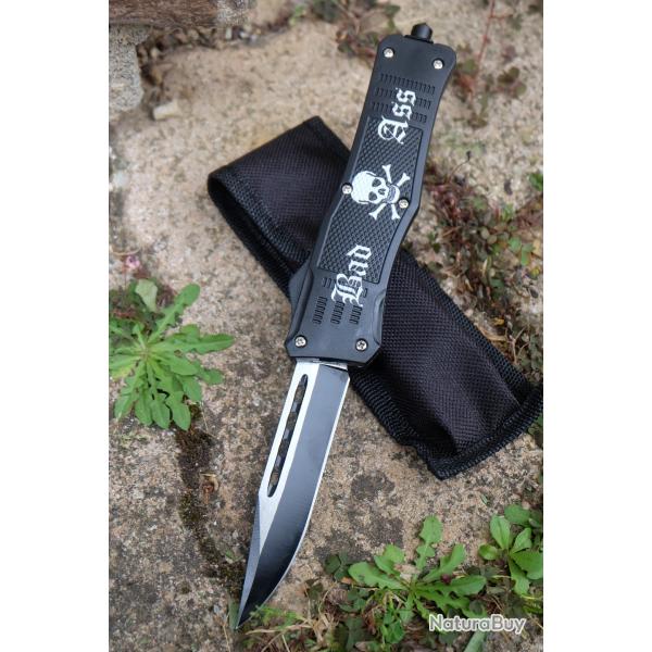 Couteau Automatique OTF Out the Front Bad Ass Skull Lame Acier 440C Manche Abs Black Clip Etui Nylon