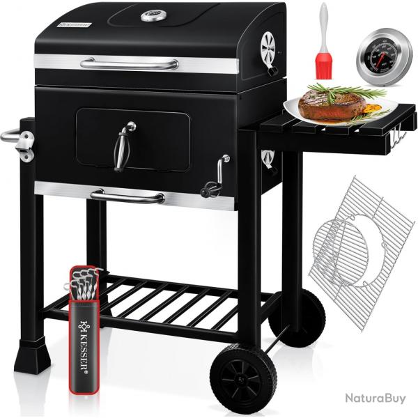 Chariot  Barbecue | Grill XL  Charbon de Bois avec Couvercle, Roues, poigne en Acier Inoxydable