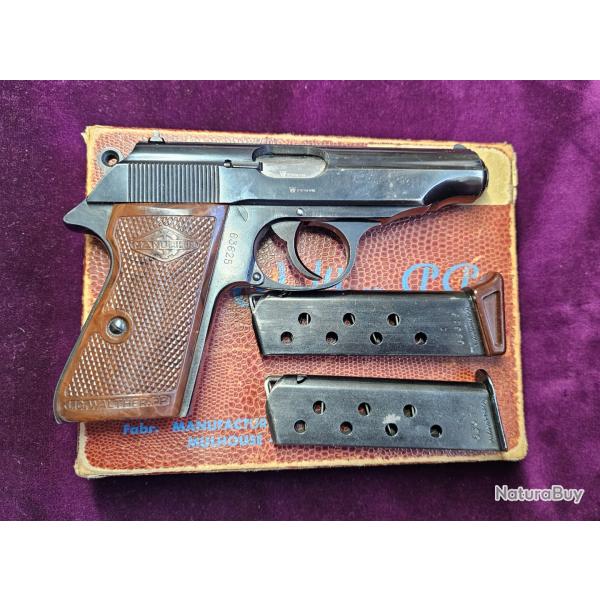 Pistolet MANURHIN Walther, MOD PP, cal 7,65br, FRANCE, deux chargeurs au numero, Catgorie B