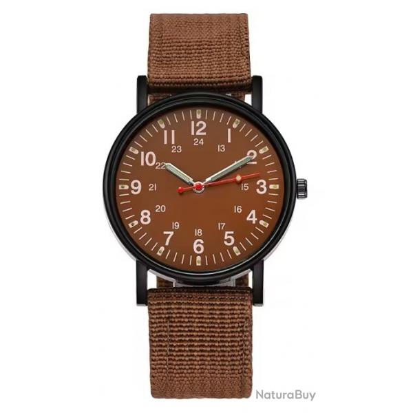 Montre Plate Gemius Arme Militaire Style Aviateur Sport Bracelet Tissu Marron Cadran Fond Marron