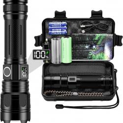 Lampe Torche LED  Ultra Puissante 500000 Lumen Batterie 5000mAh 5 Modes LCD Zoomable Étanche IP67