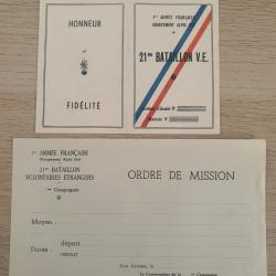 Carte identité ordre de mission vierges du 21 ème bataillon volontaires étrangers Légion libération