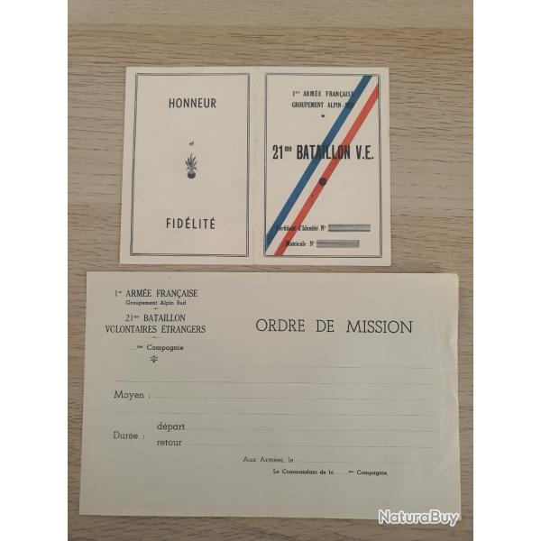 Carte identit ordre de mission vierges du 21 me bataillon volontaires trangers Lgion libration
