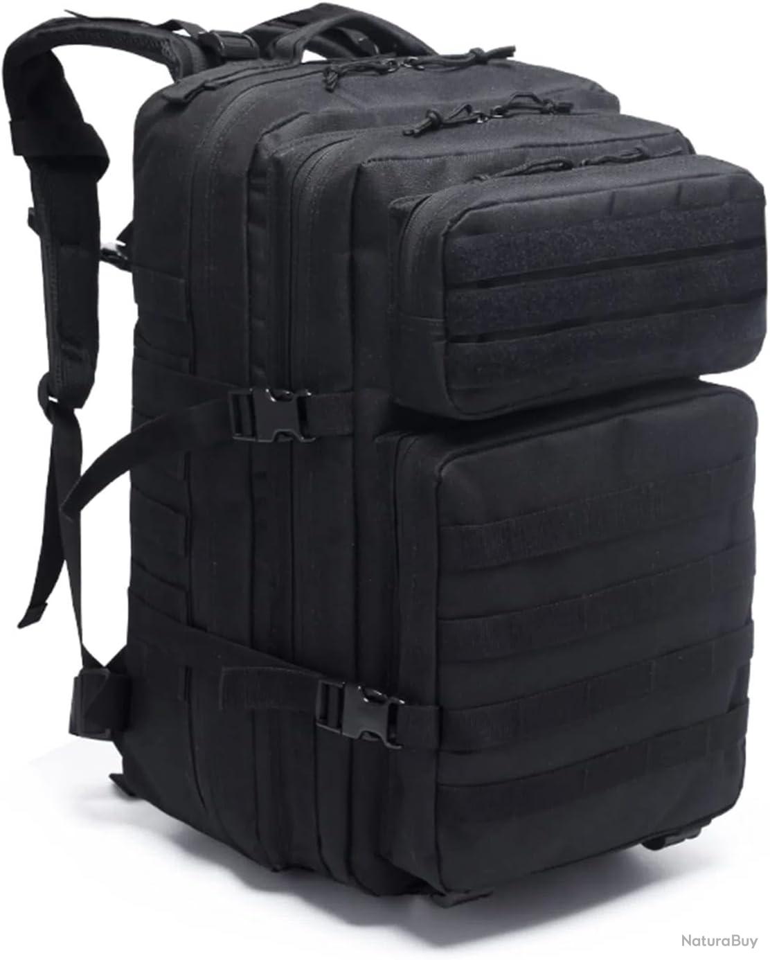 LHI Sac à Dos Militaire Tactique 45L – Sac de Survie Complet 72h, Randonnée, Moto, Pêche, Tir, Crossfit, Sport, Sac à Dos Homme Grande Capacité Outdoor - Noir