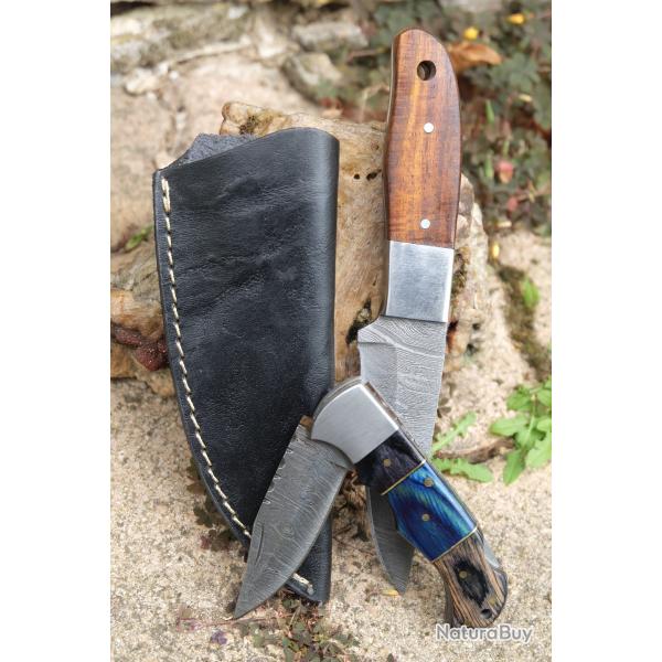 Lot de 2 Couteaux:  Skinner Damas Lame 256 Couches Etui Cuir + Pliant Lame 128 Couches Style Buck 01