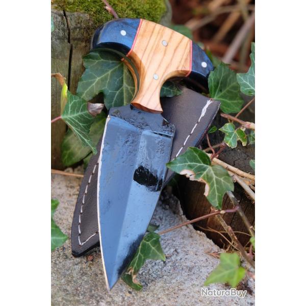 Push Dagger Lame Acier Carbone 1055 Black Manche Bois Etui Simili CUir Fabric Artisanale 001