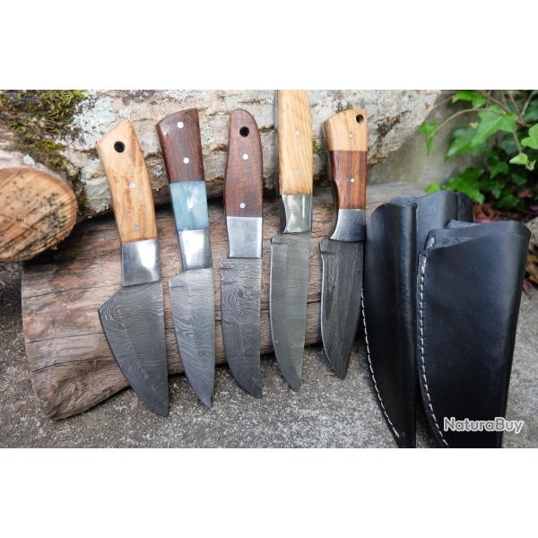 LOT DE 5 Couteau Skinner Damas Lame Acier 256 Couches Manche Bois Etui Simili Cuir Fabr Artisanale00