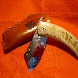 COUTEAU ARTISANAL forgé l'ATELIER DE L'OURS NOIR PC BERGER chasse camping rando CORNE BELIER pliant