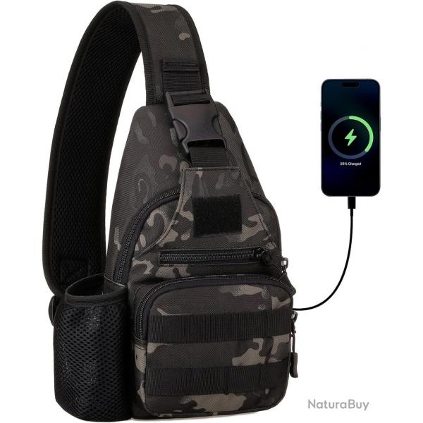 Sac Bandoulire Tactique Homme Sacoche Poitrine MOLLE Multi-Poches, Randonne Sport Cyclisme Camo1