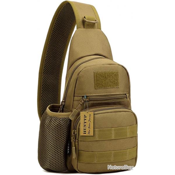 Sac Bandoulire Tactique Homme Sacoche Poitrine MOLLE Multi-Poches, Randonne Sport Cyclisme Marron