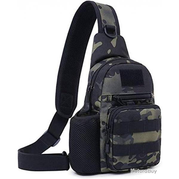 Sac Bandoulire Tactique Homme Sacoche Poitrine MOLLE Multi-Poches, Randonne Sport Cyclisme Camo