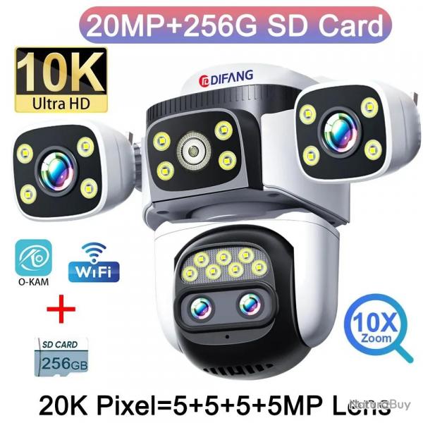 Camera IP Wifi 4 Objectifs 20MP Zoom 10X PTZ AI, Modele: Avec MicroSD 256GB