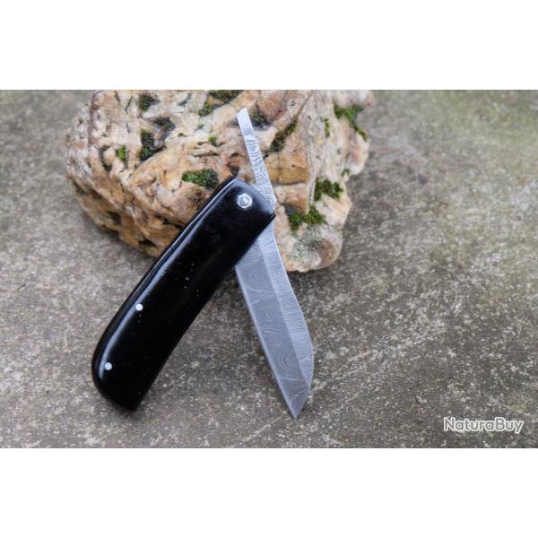 Couteau Pimontais Manche Rsine Black Lame Acier Damas 128 Couches Sheepfoot Fabricat Artisanale
