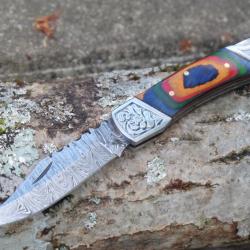 Couteau Lame Damas 128 Couches Style Buck 112 Manche Bois Arlequin Fabr Artisanale Sécurité Lockback