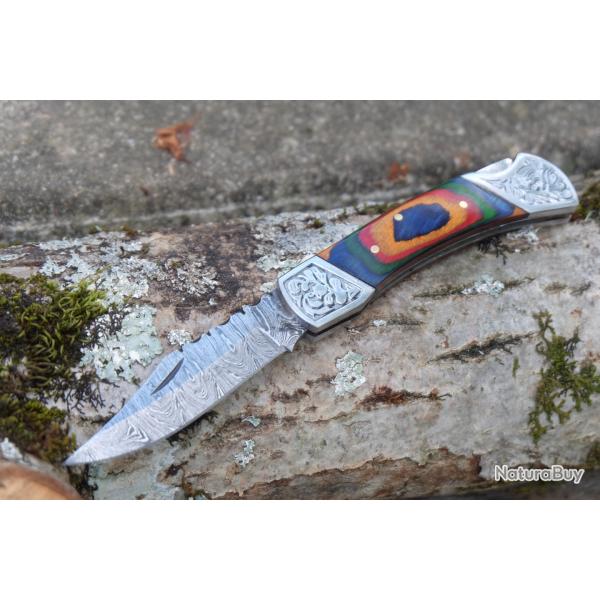 Couteau Lame Damas 128 Couches Style Buck 112 Manche Bois Arlequin Fabr Artisanale Scurit Lockback