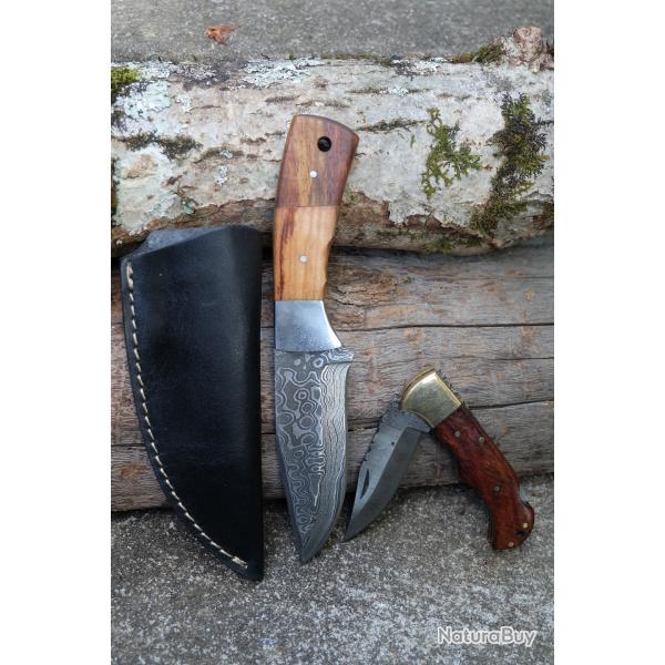 Lot de 2 Couteaux:  Skinner Damas Lame 256 Couches Etui Cuir + Pliant Lame 128 Couches Style Buck 05