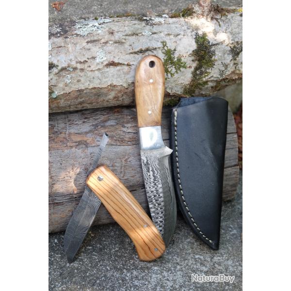 Lot de 2 Couteaux:  Skinner Damas Lame 256 Couches Etui Cuir + Pimontais Lame 128 Couches Artisanat