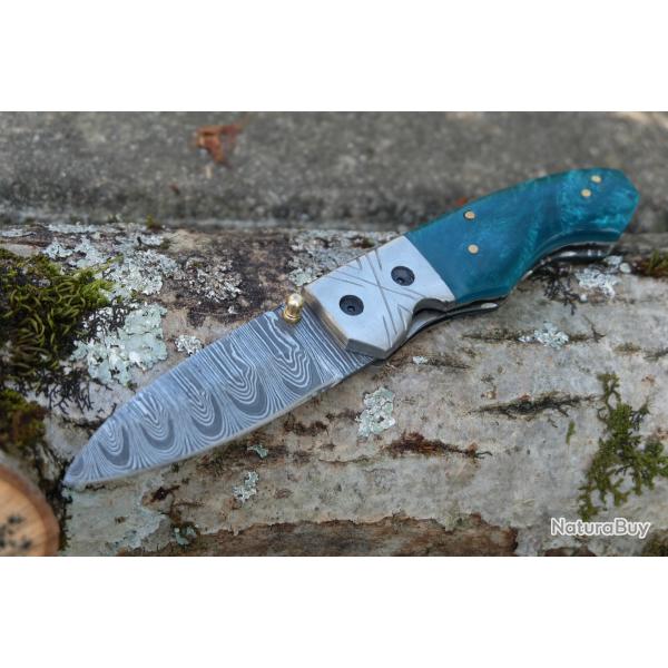 Beau Couteau Turquoise Damas Lame Drop Point 128 Couches Manche Rsine Linerlock Fabric Artisanale