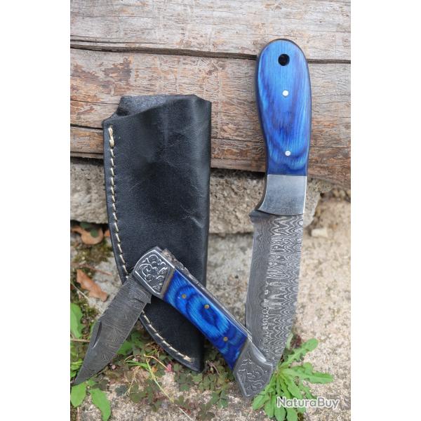 Lot de 2 Couteaux Atlantide : Skinner Damas Lame 256 Couches Etui Cuir + Pliant Lame 128 Couches