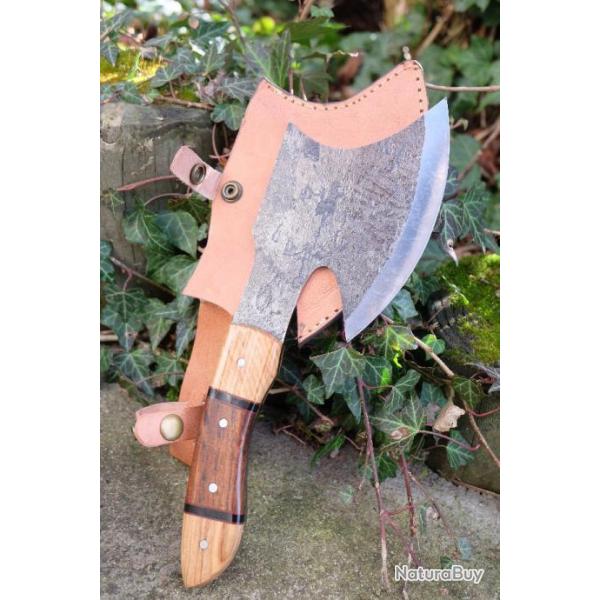 Hachette Survie Rescue Lame Acier Carbone 1075 Manche Bois Etui Cuir Fabrication Artisanale 001