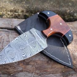 Push Dagger Lame Acier Damas 256 Couches Manche Bois/Résine Etui Simili CUir Fabric Artisanale 001