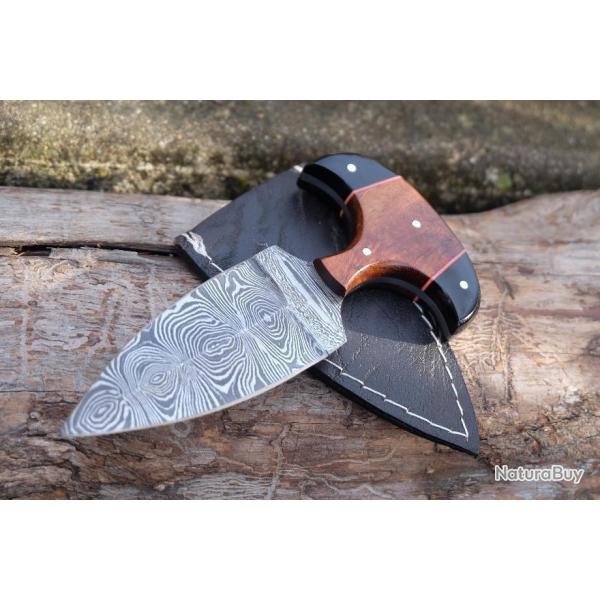 Push Dagger Lame Acier Damas 256 Couches Manche Bois/Rsine Etui Simili CUir Fabric Artisanale 001