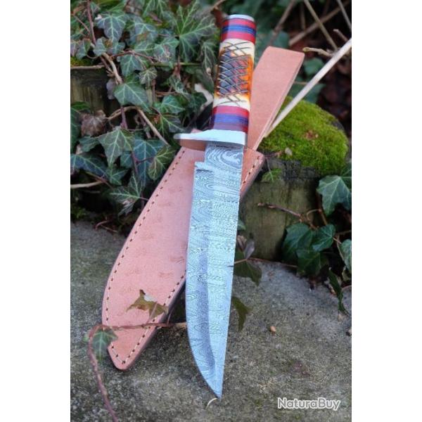 Poignard XXL Couteau Damas Lame 256 Couches Trailing Point Manche Os Cerf Fabr Artisanale Etui Cuir