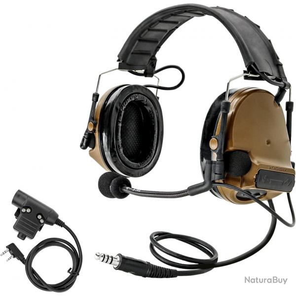 Casque Antibruit lectronique Tactique Tir et Chasse Rduction Sonore Micro Dtachable Marron