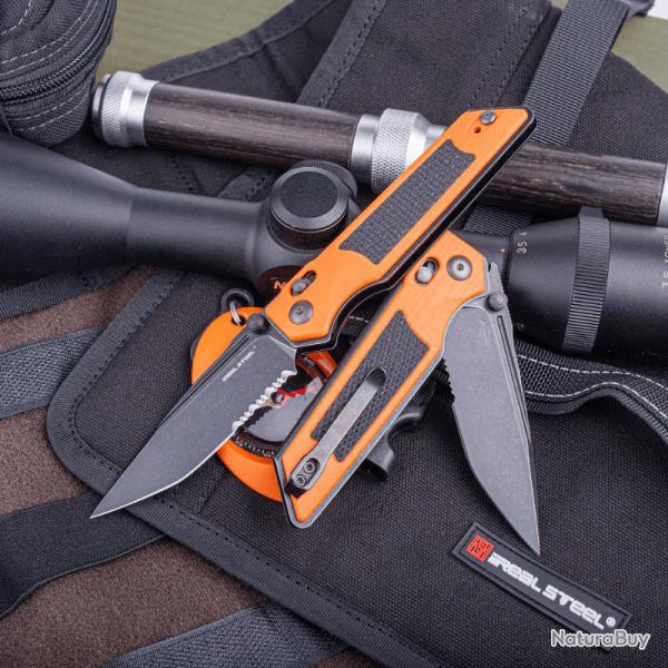 Couteau Real Steel Sacra TAC Manche G10 Orange/Noir Lame Tanto Acier K110 Slide Lock Clip RS7713OB