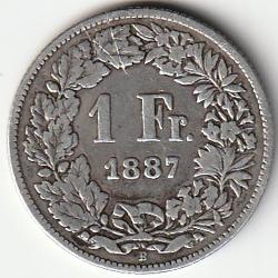Pièce de Monnaie Suisse 1 franc Helvetia debout argent 1887 B