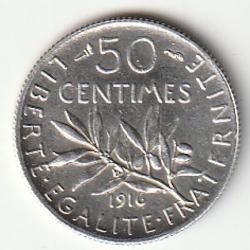 Pièce de Monnaie France 50 Centimes Semeuse argent 1916