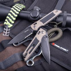 Couteau Real Steel Sacra TAC Manche G10 Tan/Noir Lame Tanto Acier K110 Black Slide Lock RS7713CB