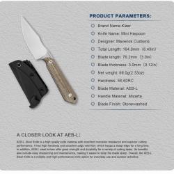 Couteau Kizer Mini Harpoon Manche Micarta Brown Lame Harpon Acier AEB-L Etui Kydex KI1040S7