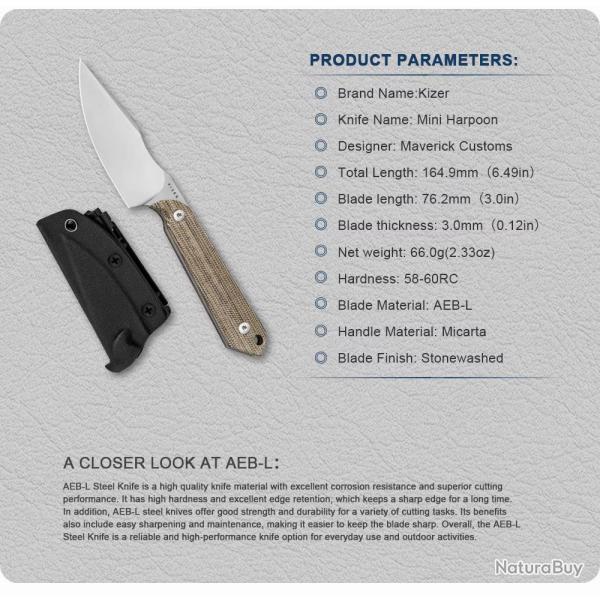 Couteau Kizer Mini Harpoon Manche Micarta Brown Lame Harpon Acier AEB-L Etui Kydex KI1040S7