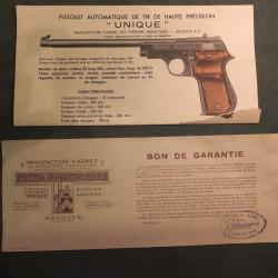 DOCUMENTS ORIGINAUX PISTOLET UNIQUE SPORT CAL 22LR - NOTICE & GARANTIE