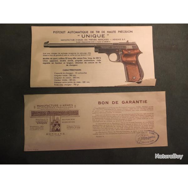 DOCUMENTS ORIGINAUX PISTOLET UNIQUE SPORT CAL 22LR - NOTICE & GARANTIE